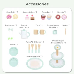 Afternoon Sip Wood Dessert Cart with 21 Pieces & Rotatable Wheels