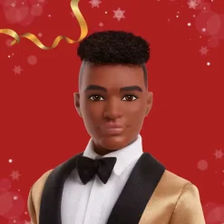 Barbie Signature 2025 Holiday Dark Brown Hair Ken Collectible Fashion Doll Wearing Full Suit With Golden Jacket