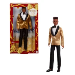 Barbie Signature 2025 Holiday Dark Brown Hair Ken Collectible Fashion Doll Wearing Full Suit With Golden Jacket