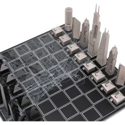 Chicago Edition Stainless Steel Chess Set with Wood Map Board