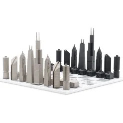 Chicago Edition Stainless Steel Chess Set with Marble Hatch Board