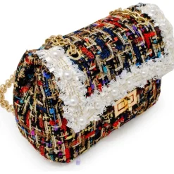 Classic Tweed Handbag with Pearls - Black