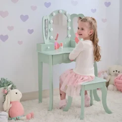 Heart Glow Wooden Vanity Set with LED Lights Mirror & Stool - Sage Green