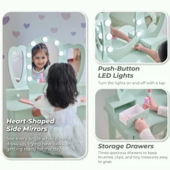 Heart Glow Wooden Vanity Set with LED Lights Mirror & Stool - Sage Green