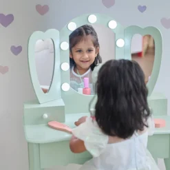 Heart Glow Wooden Vanity Set with LED Lights Mirror & Stool - Sage Green