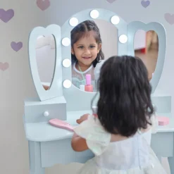 Heart Glow Wooden Vanity Set with LED Lights Mirror & Stool - Blue