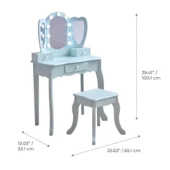 Heart Glow Wooden Vanity Set with LED Lights Mirror & Stool - Blue