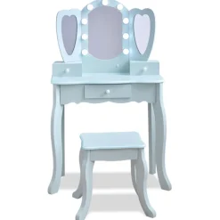 Heart Glow Wooden Vanity Set with LED Lights Mirror & Stool - Blue