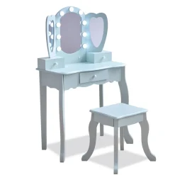 Heart Glow Wooden Vanity Set with LED Lights Mirror & Stool - Blue