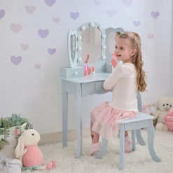 Heart Glow Wooden Vanity Set with LED Lights Mirror & Stool - Blue