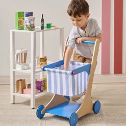 Little Helper Mr. Fresh Wooden Shopping Cart with 13 Grocery Accessories - Blue