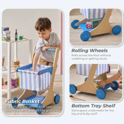 Little Helper Mr. Fresh Wooden Shopping Cart with 13 Grocery Accessories - Blue
