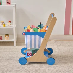 Little Helper Mr. Fresh Wooden Shopping Cart with 13 Grocery Accessories - Blue