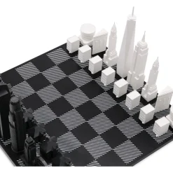 New York Versus Los Angeles Acrylic Chess Set with Black and White Wood Hatch Board