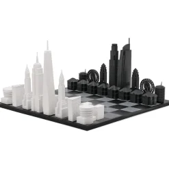 New York Versus Los Angeles Acrylic Chess Set with Black and White Wood Hatch Board