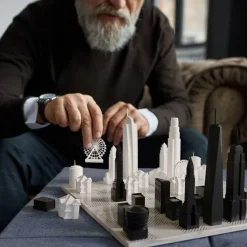 New York Versus Los Angeles Acrylic Chess Set with Marble Hatch Board