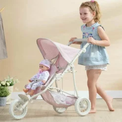 Olivia's Little World - Polka Dots Princess Baby Doll Twin Jogging Stroller - Pink & Grey