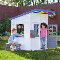 Rainbow Shade Wooden Playhouse with Kitchen, Flower Box & Bench - White