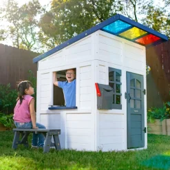 Rainbow Shade Wooden Playhouse with Kitchen, Flower Box & Bench - White
