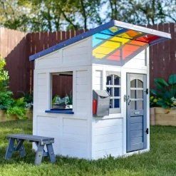 Rainbow Shade Wooden Playhouse with Kitchen, Flower Box & Bench - White