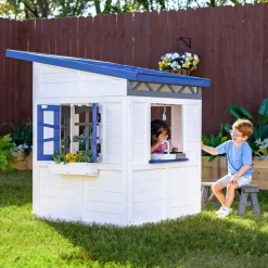 Rainbow Shade Wooden Playhouse with Kitchen, Flower Box & Bench - White