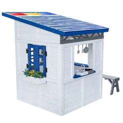 Rainbow Shade Wooden Playhouse with Kitchen, Flower Box & Bench - White