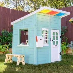 Rainbow Shade Wooden Playhouse with Kitchen, Flower Box & Bench - Blue