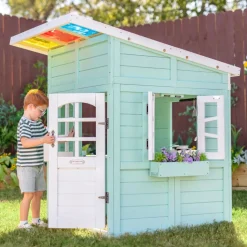 Rainbow Shade Wooden Playhouse with Kitchen, Flower Box & Bench - Blue