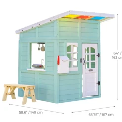 Rainbow Shade Wooden Playhouse with Kitchen, Flower Box & Bench - Blue