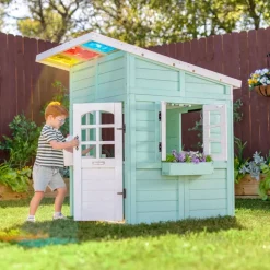Rainbow Shade Wooden Playhouse with Kitchen, Flower Box & Bench - Blue
