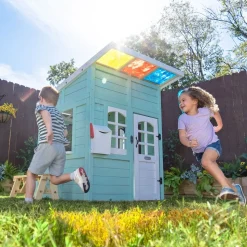 Rainbow Shade Wooden Playhouse with Kitchen, Flower Box & Bench - Blue
