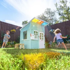 Rainbow Shade Wooden Playhouse with Kitchen, Flower Box & Bench - Blue