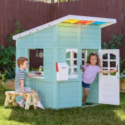 Rainbow Shade Wooden Playhouse with Kitchen, Flower Box & Bench - Blue