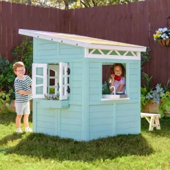 Rainbow Shade Wooden Playhouse with Kitchen, Flower Box & Bench - Blue