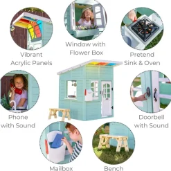 Rainbow Shade Wooden Playhouse with Kitchen, Flower Box & Bench - Blue