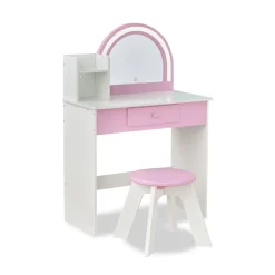 Rosé Shine Wood Vanity & Desk with LED Mirror & Stool - Pink/White