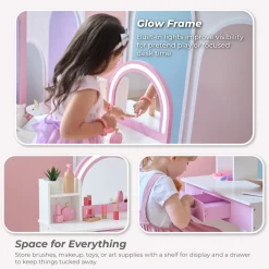 Rosé Shine Wood Vanity & Desk with LED Mirror & Stool - Pink/White