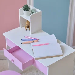 Rosé Shine Wood Vanity & Desk with LED Mirror & Stool - Pink/White