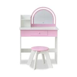 Rosé Shine Wood Vanity & Desk with LED Mirror & Stool - Pink/White