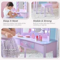 Stardust Gisele Wood Vanity Table with LED Mirror & Drawer - Purple